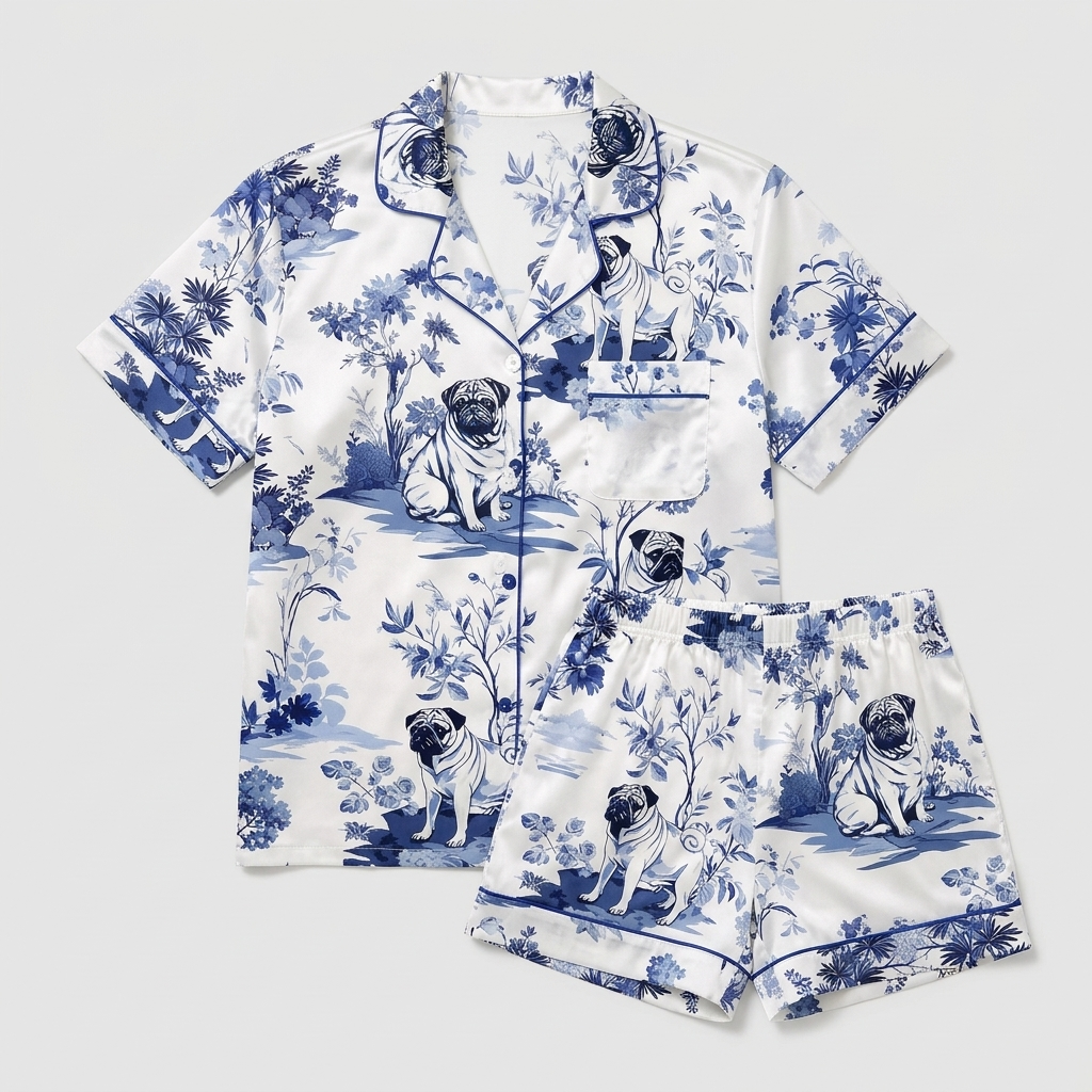 Women's satin pajama set with pugs among deep blue flowers and trees in a classic toile pattern on white - flat lay