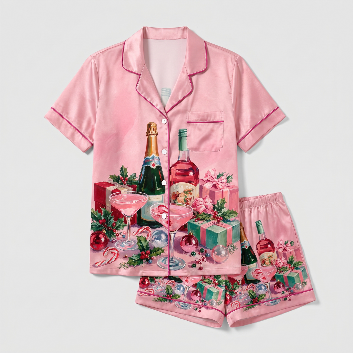 Pink Holiday Bar Cart Women's Pajama Set - flat lay