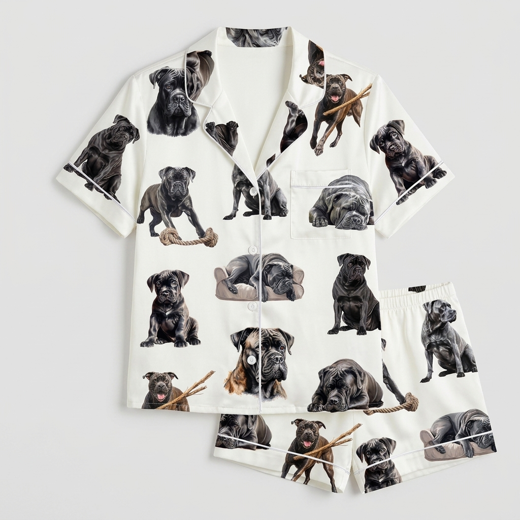 Women's satin pajama set with black Cane Corsos chewing sticks and posing on crisp white - flat lay