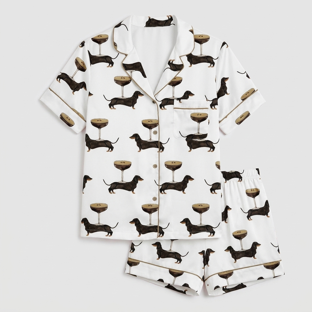 Women's long-sleeve satin pajama set with black dachshunds beside gold-stemmed coupe glasses on white - flat lay
