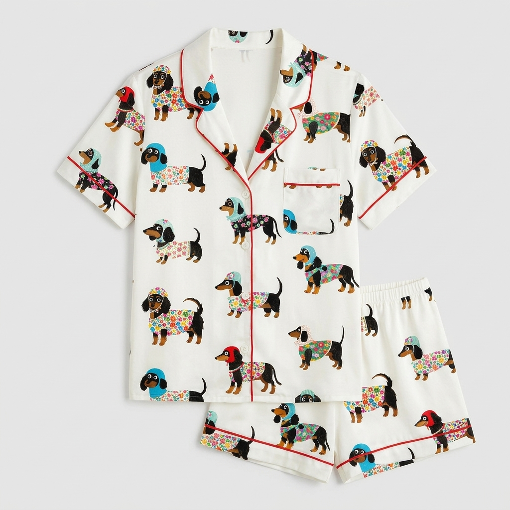 Women's satin pajama set with dachshunds in flowery sweaters and knit hats on white with red piping - flat lay
