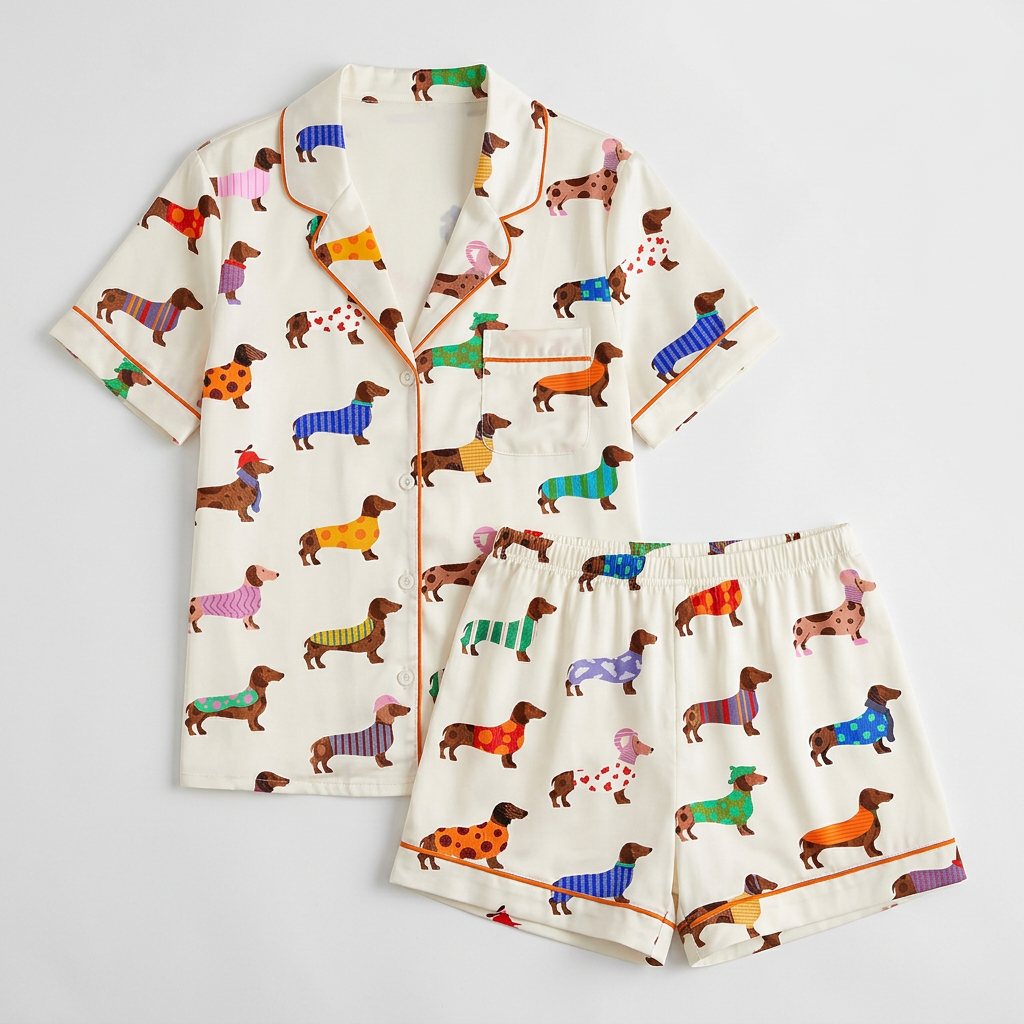 Women's satin pajama set with long dachshunds in striped and polka dot sweaters on white with orange piping - flat lay