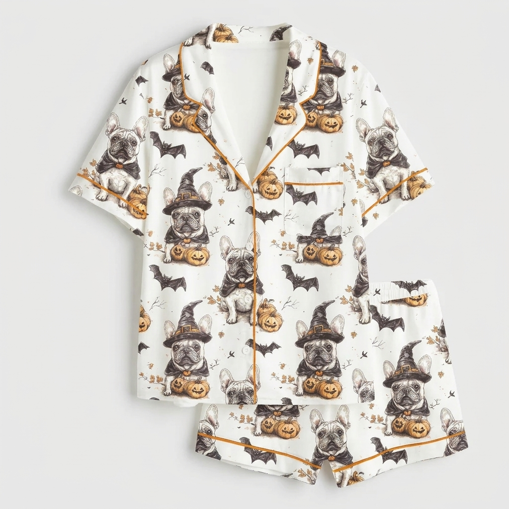 Women's satin pajama set with French bulldogs in witch hats beside jack-o'-lanterns and bats on white with orange piping - flat lay