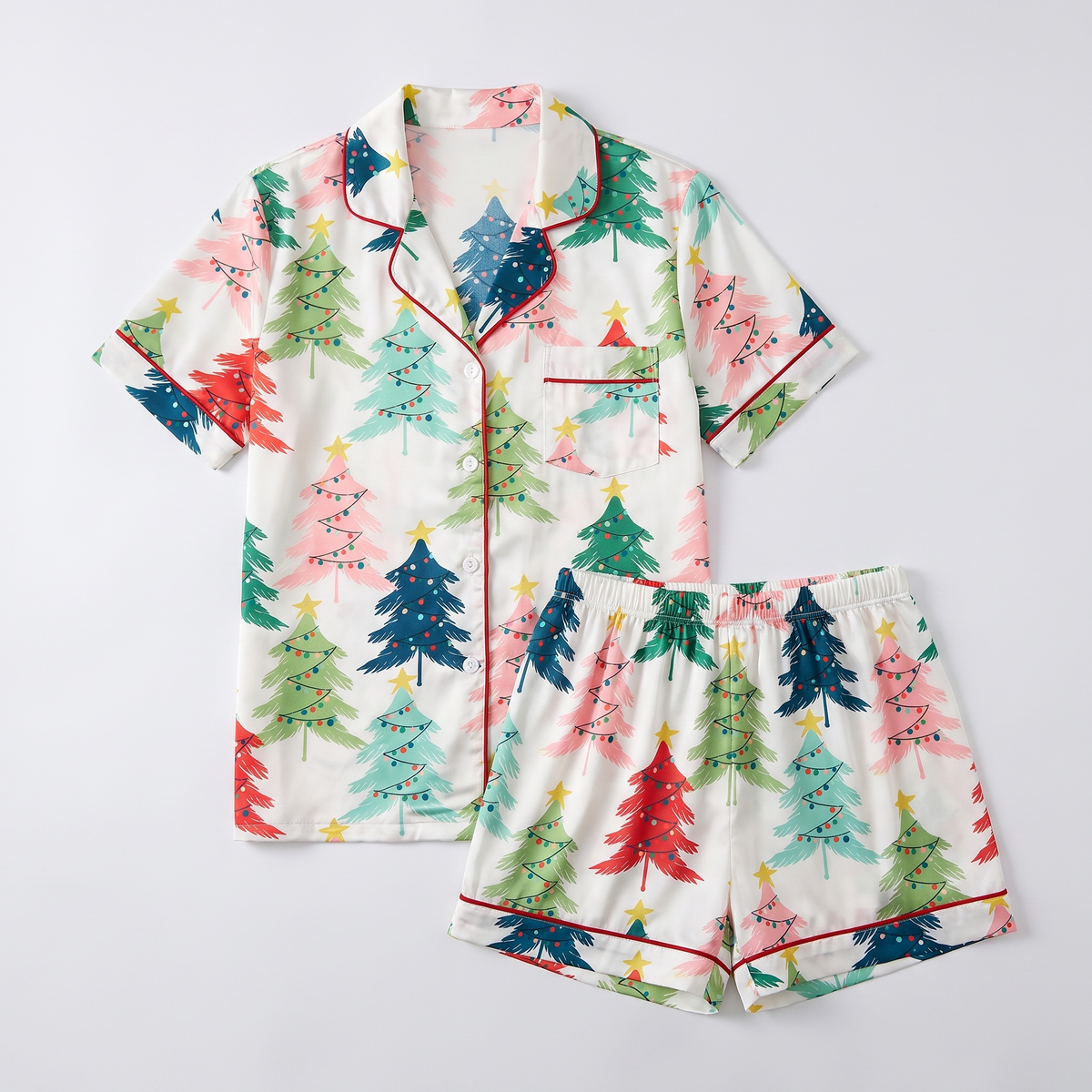 Playful Christmas Trees Women's Pajama Set - flat lay