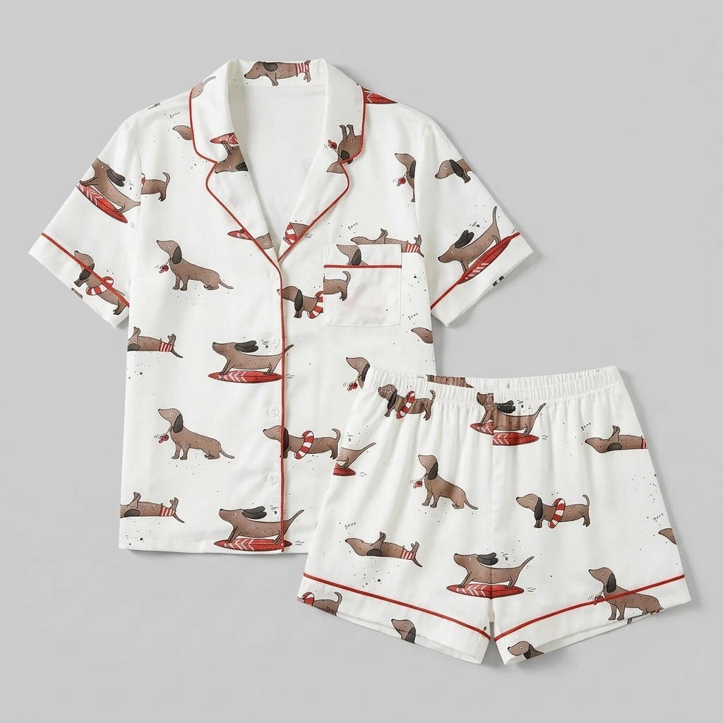 Women's satin pajama set with dachshunds on red surfboards and swim rings on white - flat lay