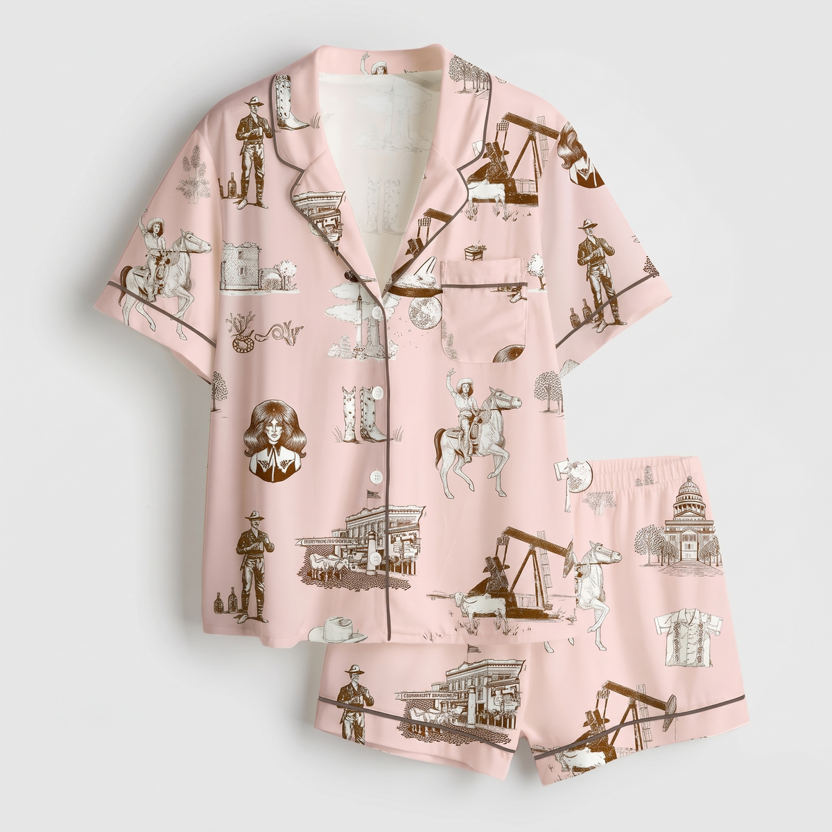 Blush Western Toile Horse Women's Pajama Set - flat lay