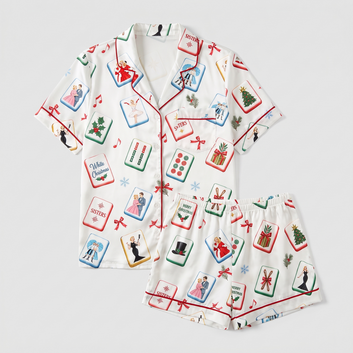 White Christmas Mahjong Inspired Women's Pajama Set - flat lay