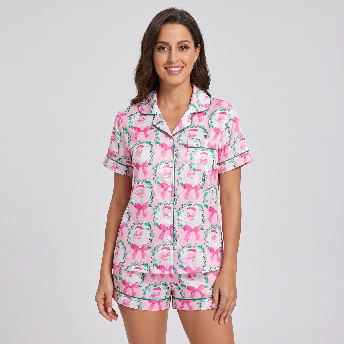Pink Bow Santa Wreaths Women's Pajama Set - short sleeve and shorts
