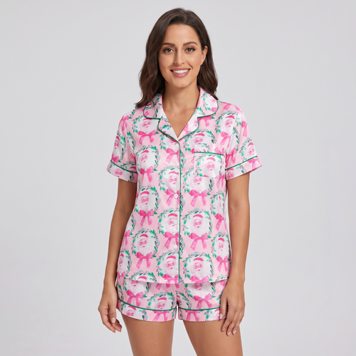 Pink Bow Santa Wreaths Women's Pajama Set - short sleeve and shorts