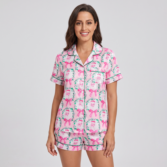 Pink Bow Santa Wreaths Women's Pajama Set - short sleeve and shorts