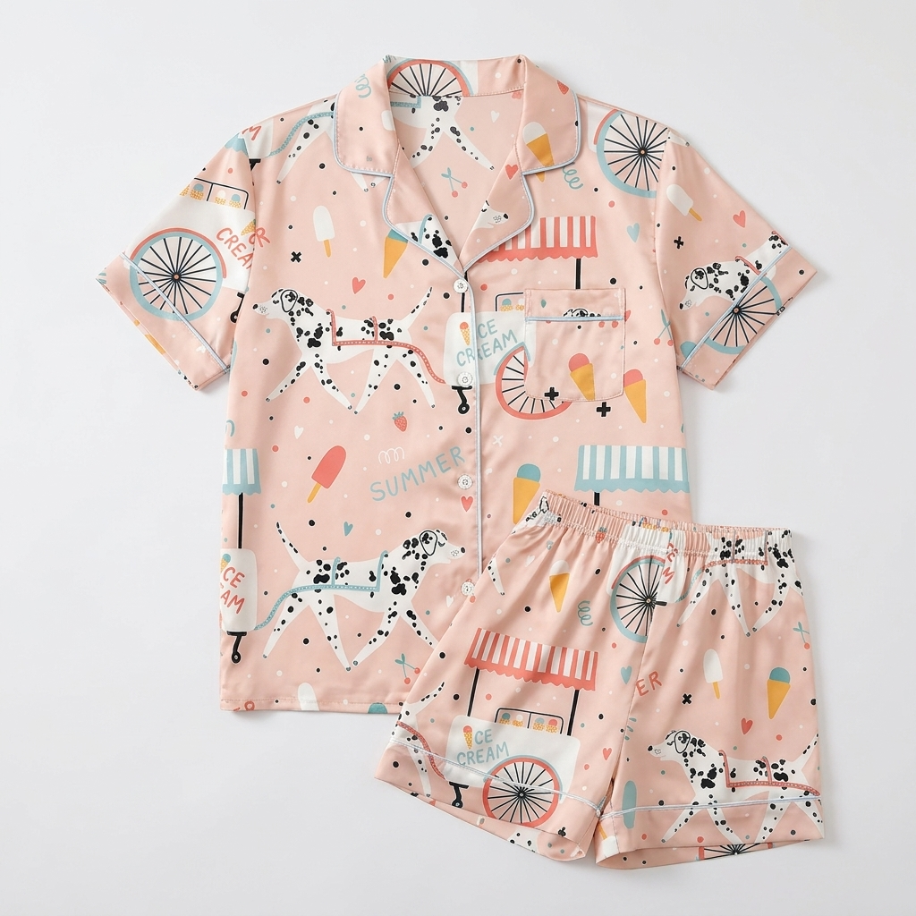 Women's satin pajama set with Dalmatians beside pastel ice cream carts and popsicles on blush pink - flat lay