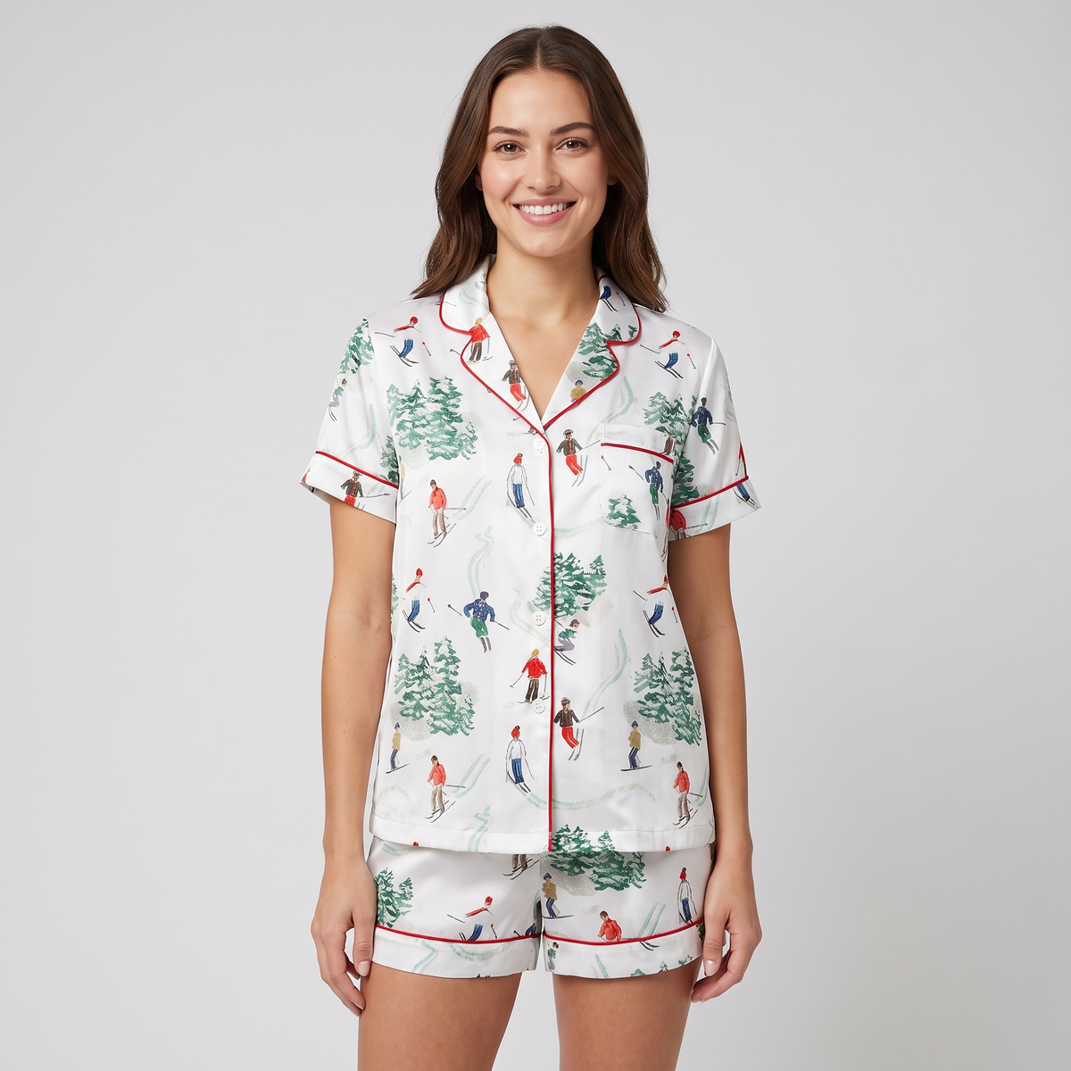 Christmas Skiers Women's Pajama Set - short sleeve and shorts