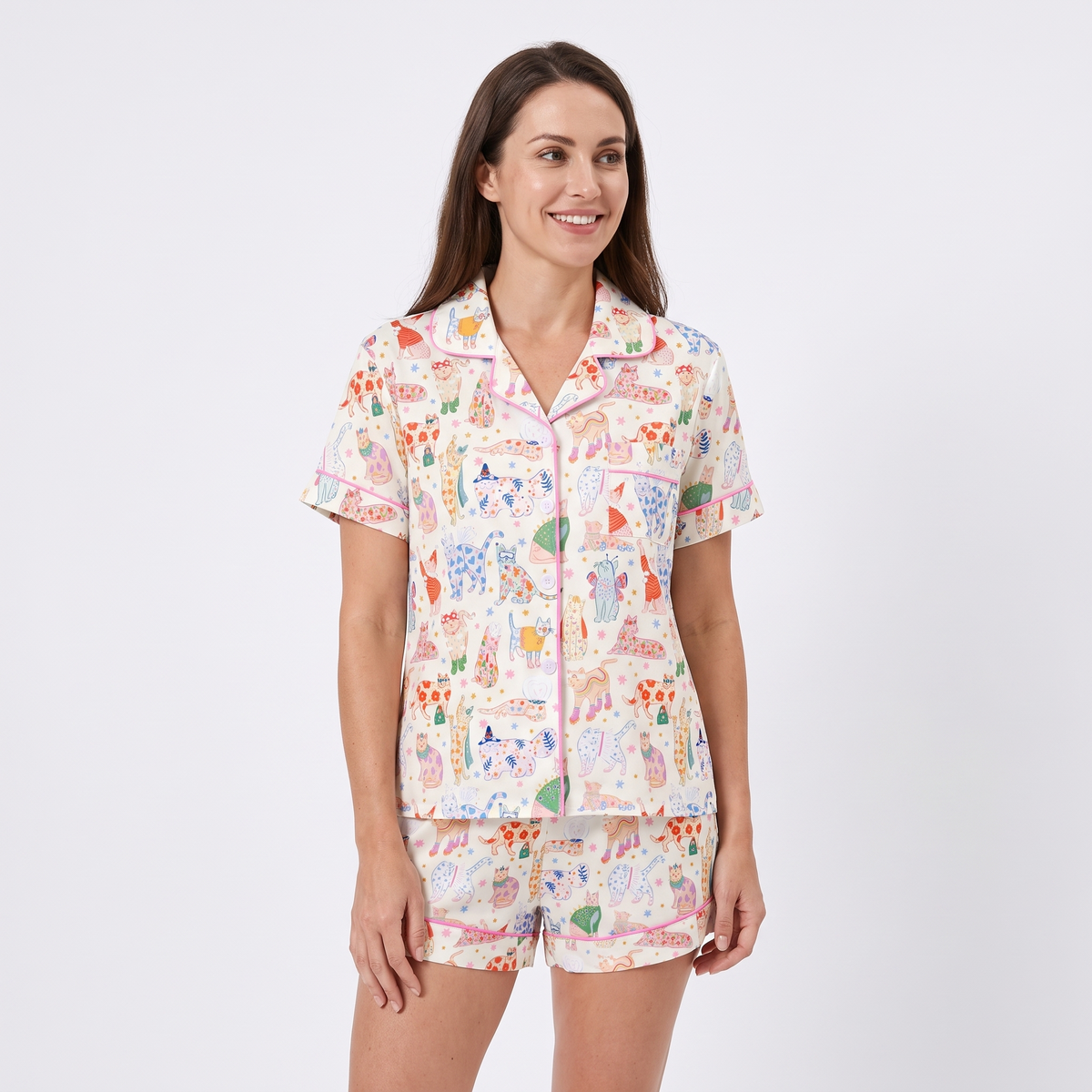 Fancy Cats Women's Pajama Set - Cream - short sleeve and shorts