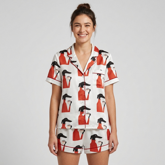 Women's satin pajama set with greyhounds in red turtlenecks holding coffee cups on white with red piping - short sleeve and shorts