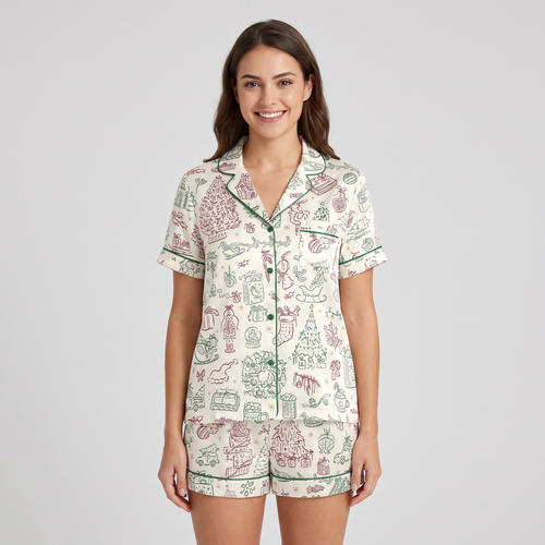 Sage Christmas Doodles Women's Pajama Set - short sleeve and shorts