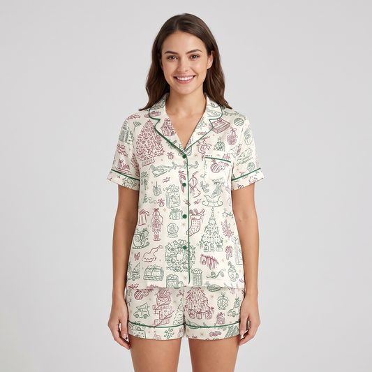 Sage Christmas Doodles Women's Pajama Set - short sleeve and shorts