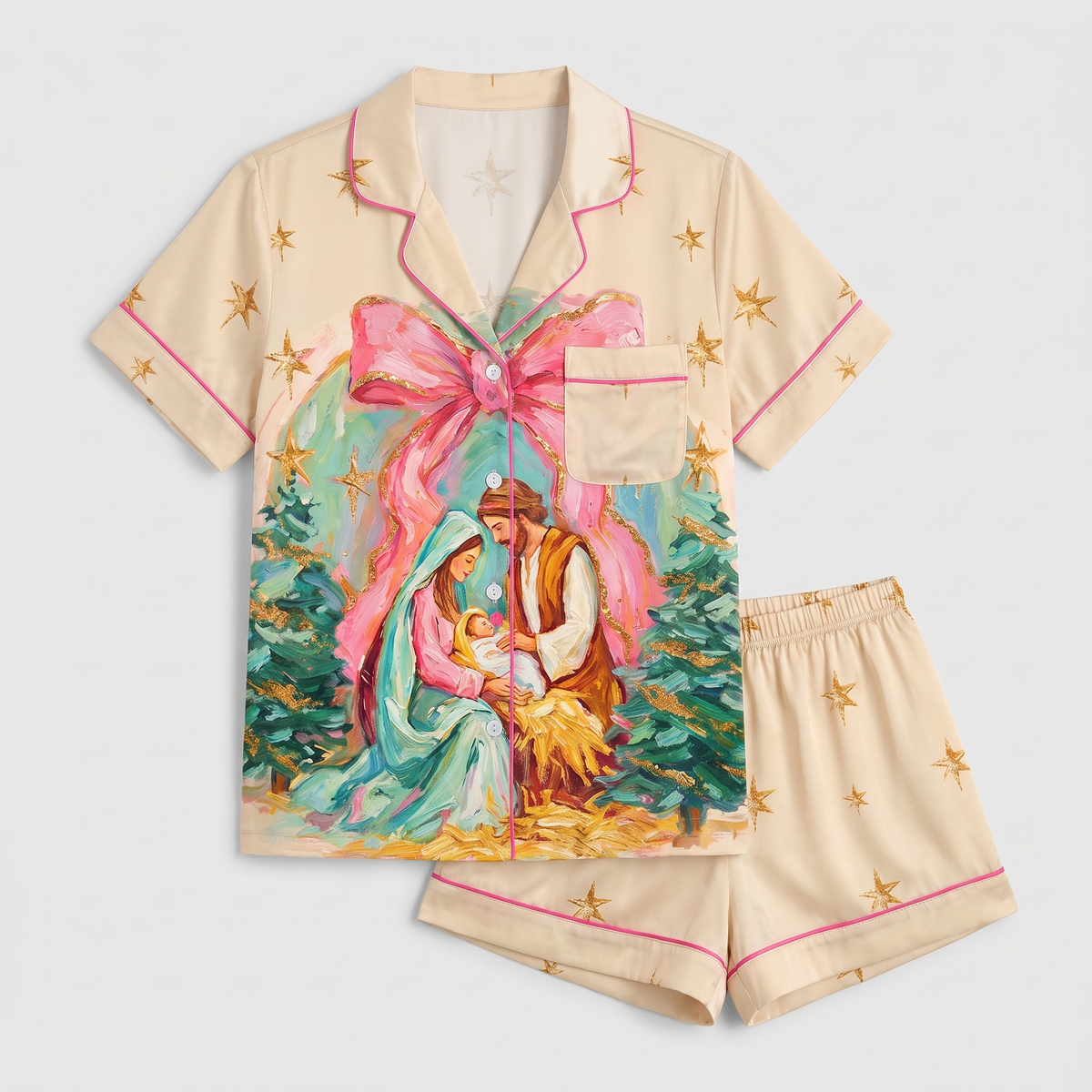 Pink & Mint Nativity Women's Pajama Set - flat lay