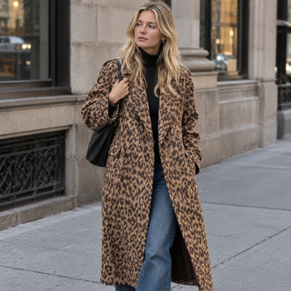 Women's Double-Breasted Leopard Print Wool Blend Trenchcoat
