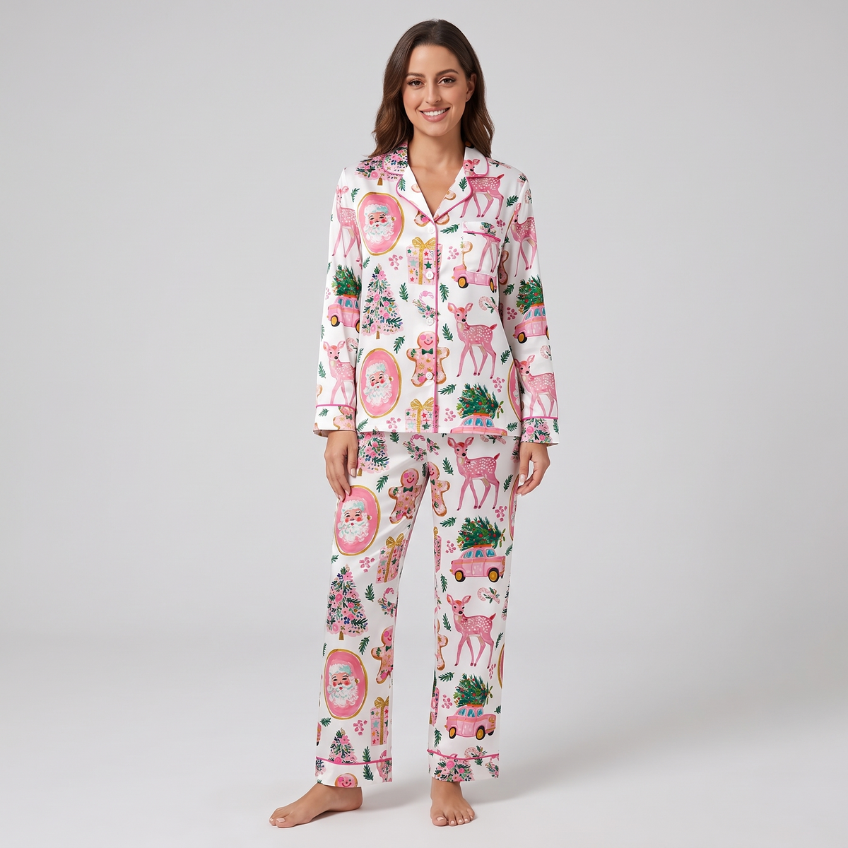 Pink Santa Road Trip Women's Pajama Set - long sleeve and pants