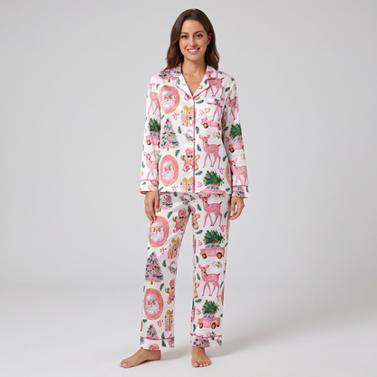 Pink Santa Road Trip Women's Pajama Set - long sleeve and pants
