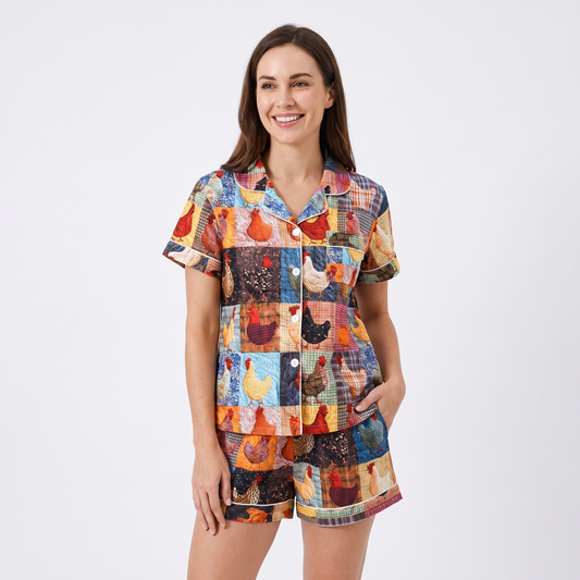 Patchwork Hens Women's Pajama Set - Multicolor - short sleeve and shorts