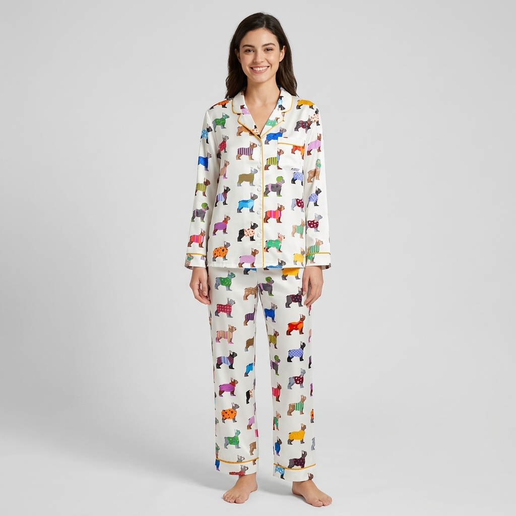 Women's satin pajama set with French bulldogs in striped, polka dot and plaid sweaters on white - long sleeve and pants
