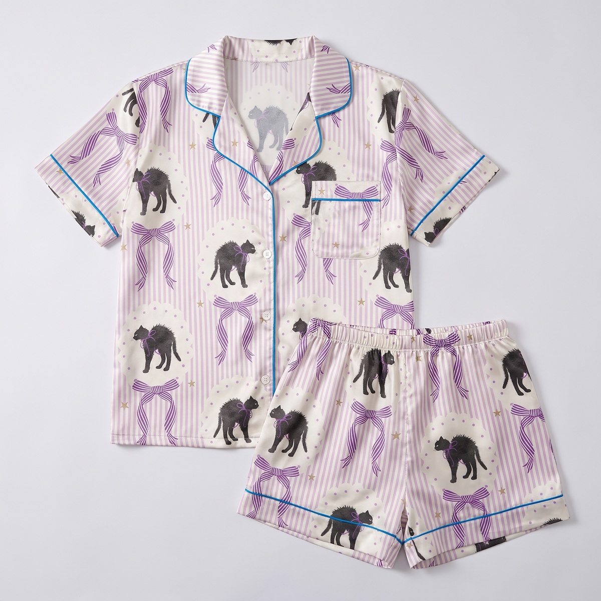 Purple Bow Black Cats Women's Pajama Set - flat lay