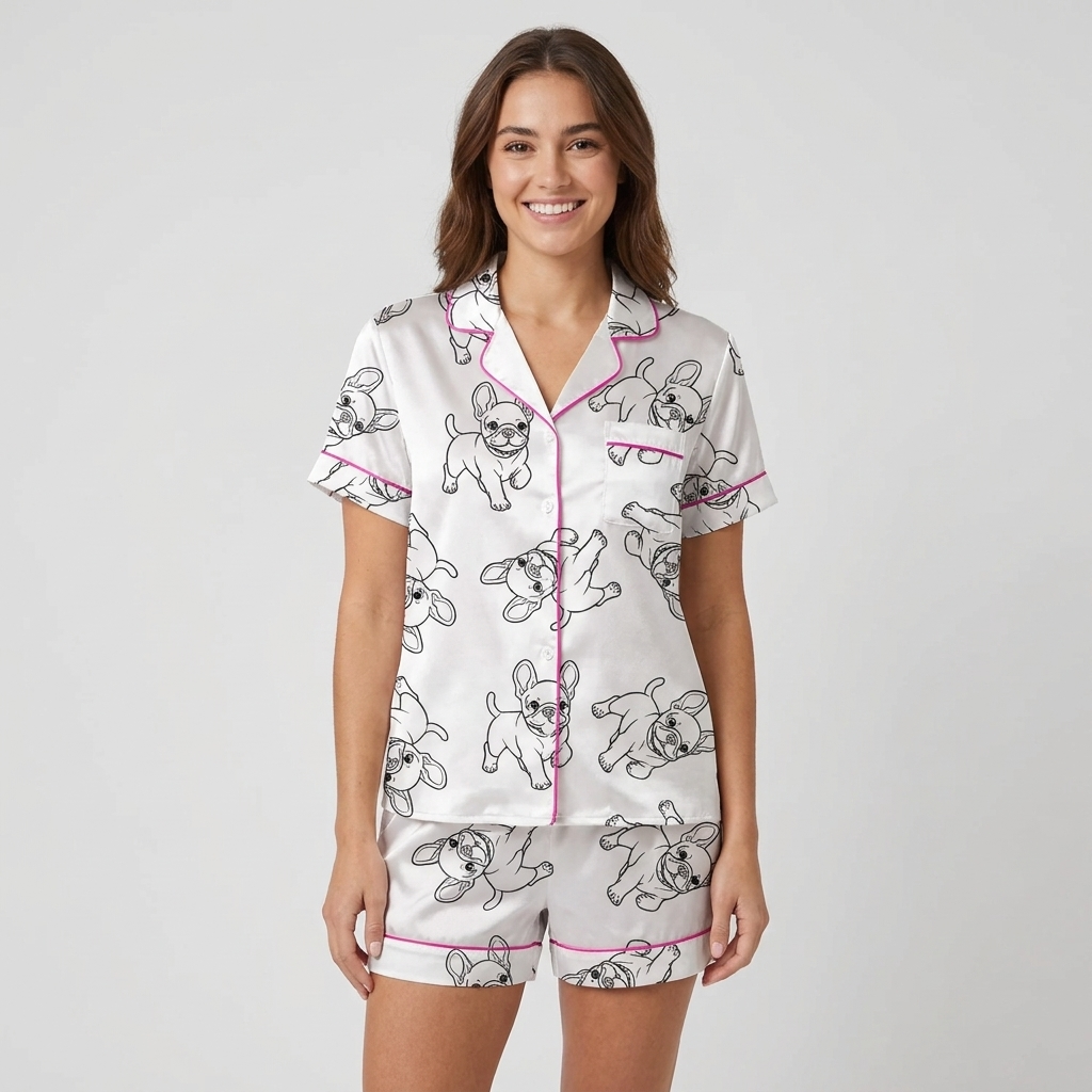 Women's satin pajama set with black line-drawn French bulldogs on white with hot pink piping - short sleeve and shorts