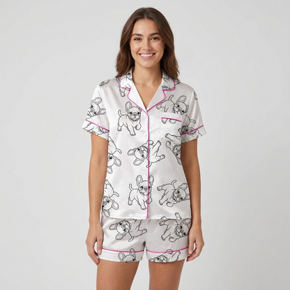 Women's satin pajama set with black line-drawn French bulldogs on white with hot pink piping - short sleeve and shorts