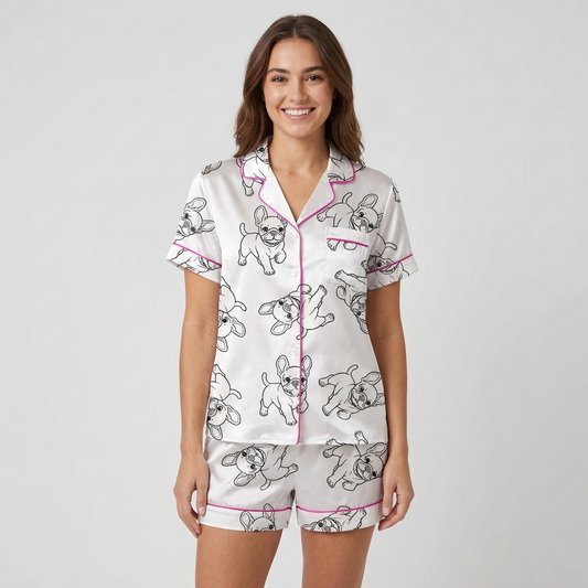Women's satin pajama set with black line-drawn French bulldogs on white with hot pink piping - short sleeve and shorts