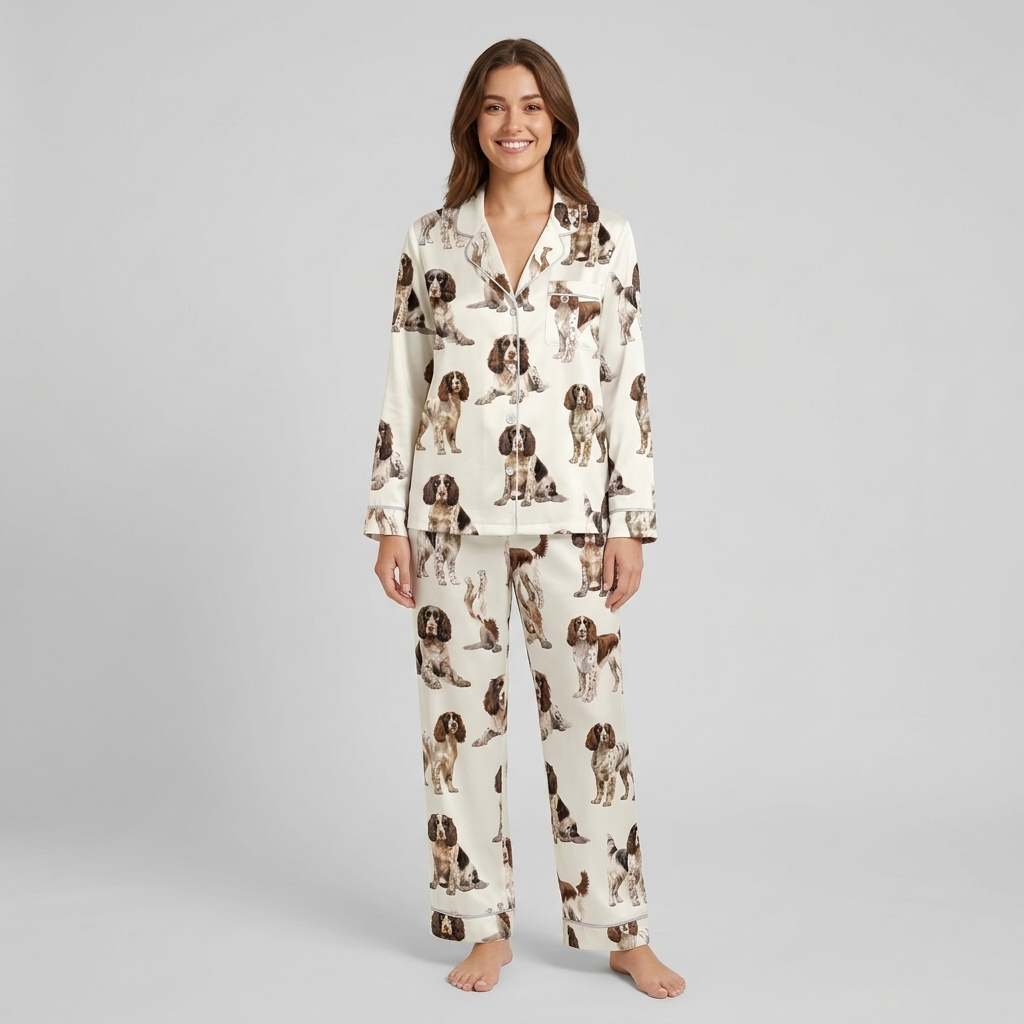 Women's satin pajama set with painterly liver-and-white springer spaniel portraits on white - long sleeve and pants