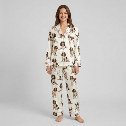 Women's satin pajama set with painterly liver-and-white springer spaniel portraits on white - long sleeve and pants