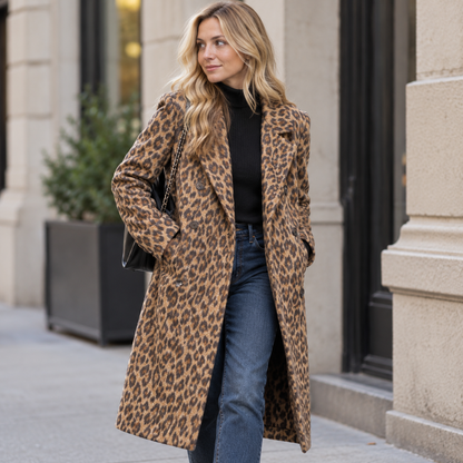 Women's Double-Breasted Leopard Print Wool Blend Trenchcoat