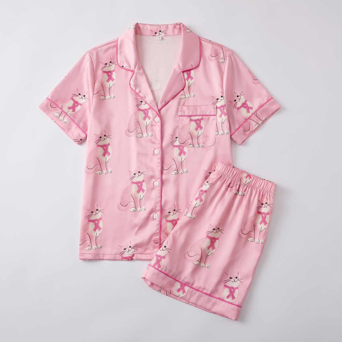 Pink Ribbon Cats Women's Pajama Set - flat lay