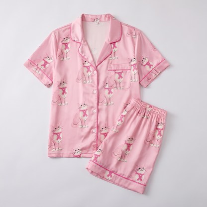 Pink Ribbon Cats Women's Pajama Set - flat lay