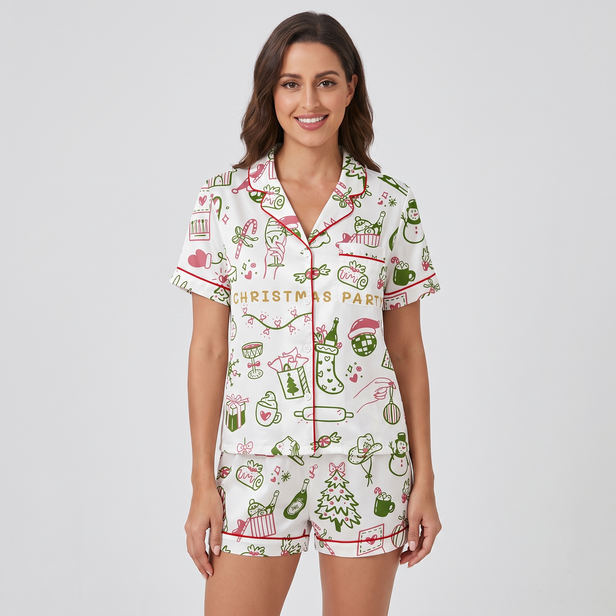Christmas Party Sketch Women's Pajama Set - short sleeve and shorts