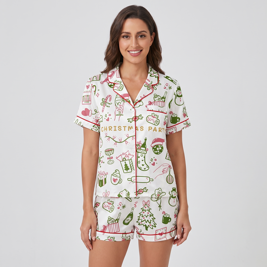 Christmas Party Sketch Women's Pajama Set - short sleeve and shorts