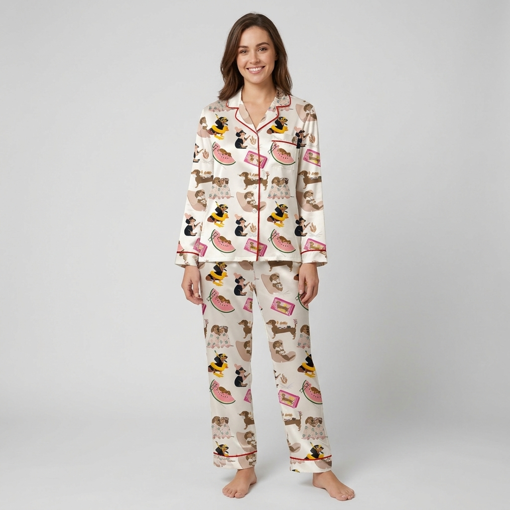 Women's satin pajama set with dachshunds on pool floats with watermelon slices and books on white - long sleeve and pants