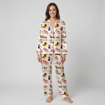 Women's satin pajama set with dachshunds on pool floats with watermelon slices and books on white - long sleeve and pants