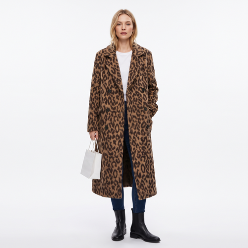 Women's Double-Breasted Leopard Print Wool Blend Trenchcoat