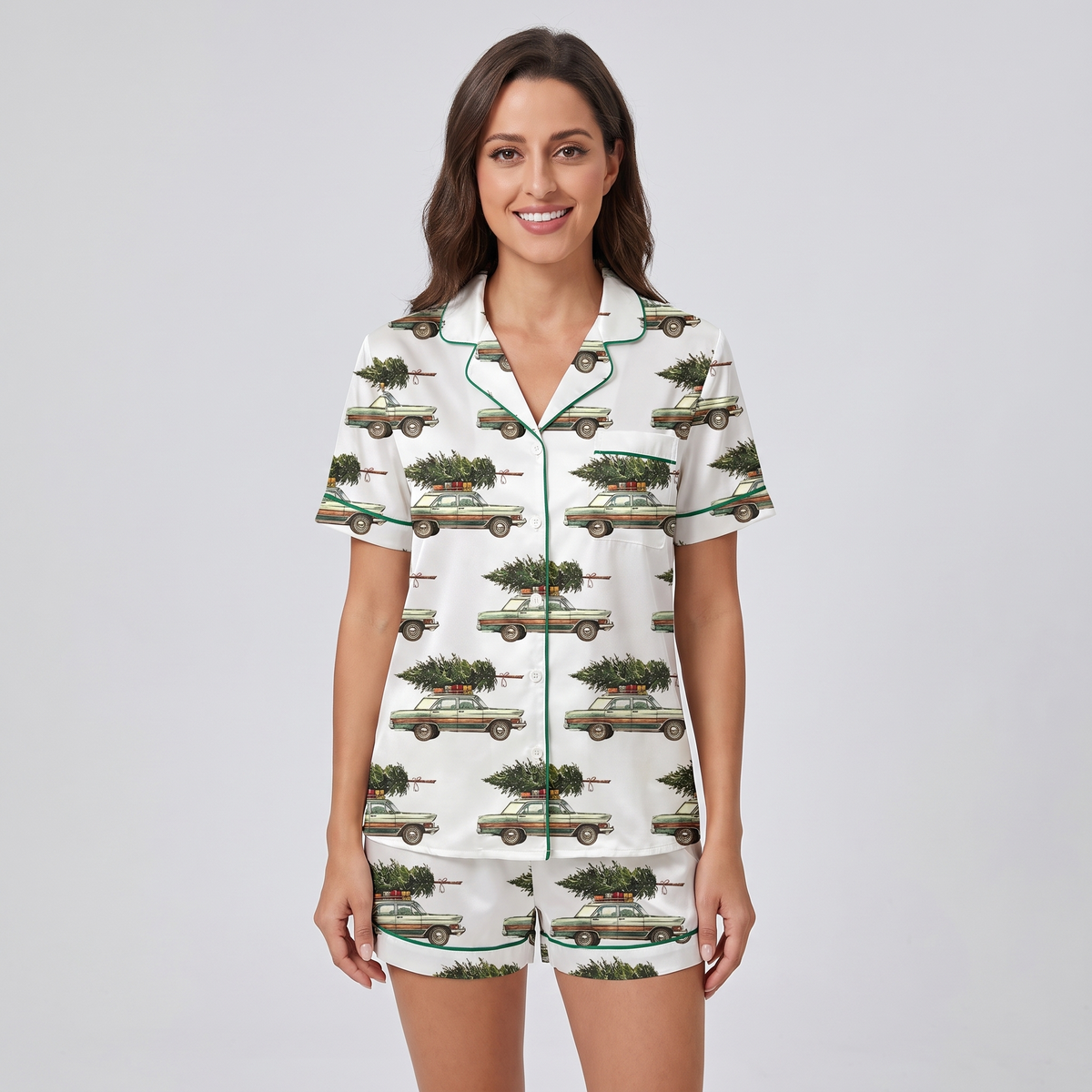 Tree Farm Station Wagon Women's Pajama Set - short sleeve and shorts