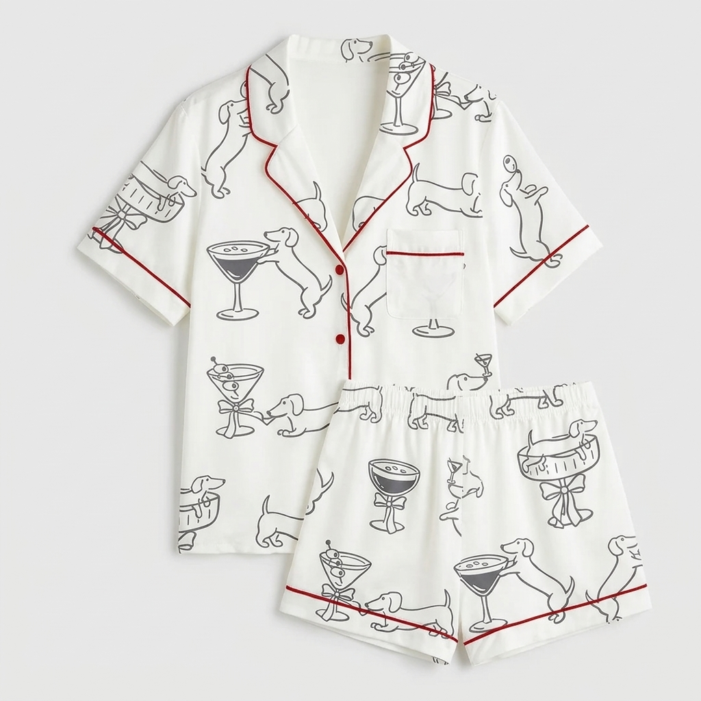 Women's satin pajama set with black-ink dachshunds clinking glasses in martini coupes on white with red trim - flat lay