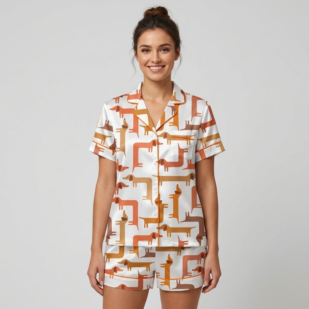 Women's satin pajama set with rows of rust, caramel and toffee dachshunds on crisp white - short sleeve and shorts