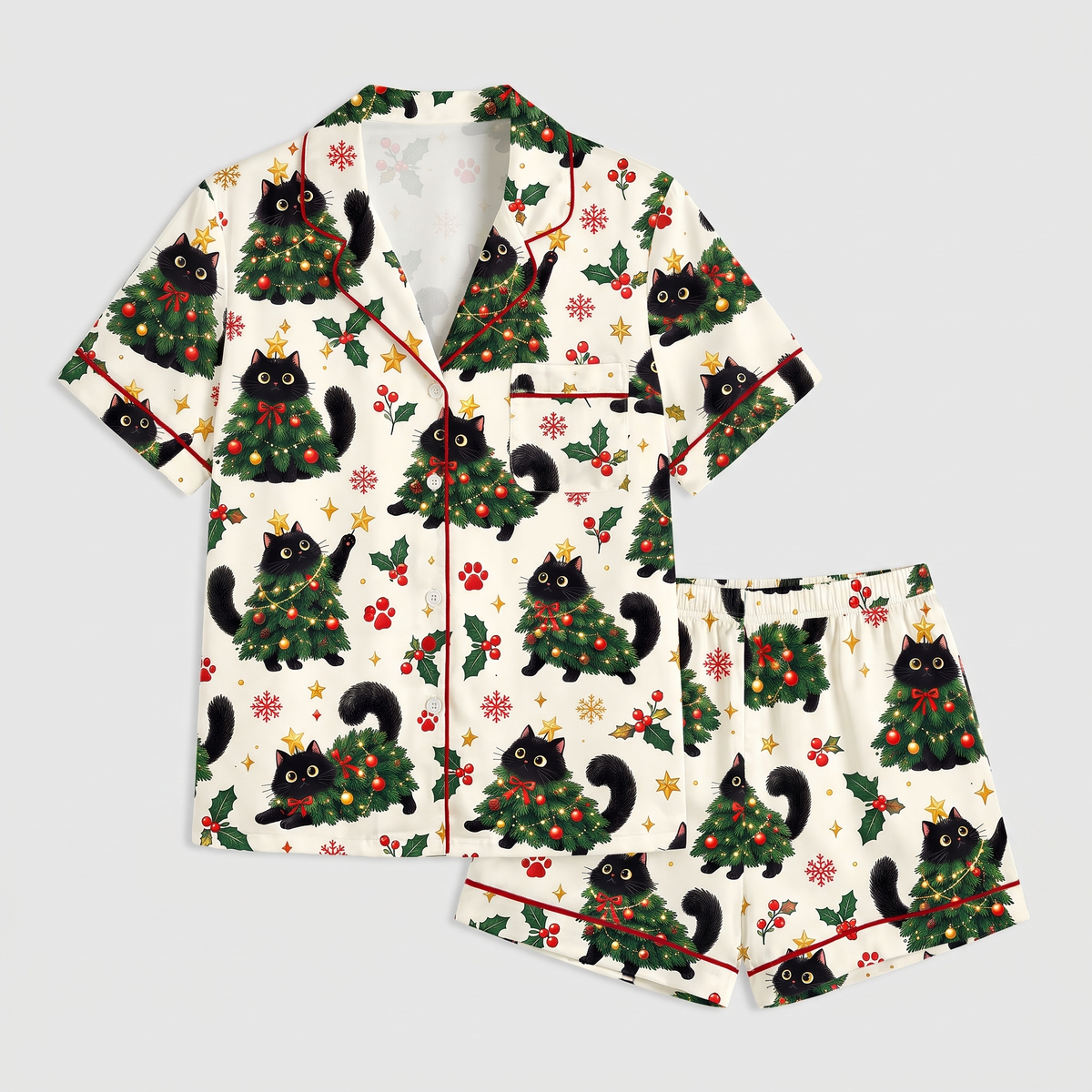 Twinkle Tree Kitties Christmas Women's Pajama Set - flat lay