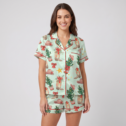 Cowboy Boots & Cactus Christmas Women's Pajama Set - Green