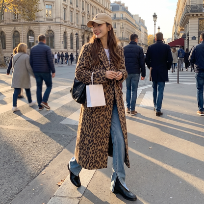 Women's Double-Breasted Leopard Print Wool Blend Trenchcoat
