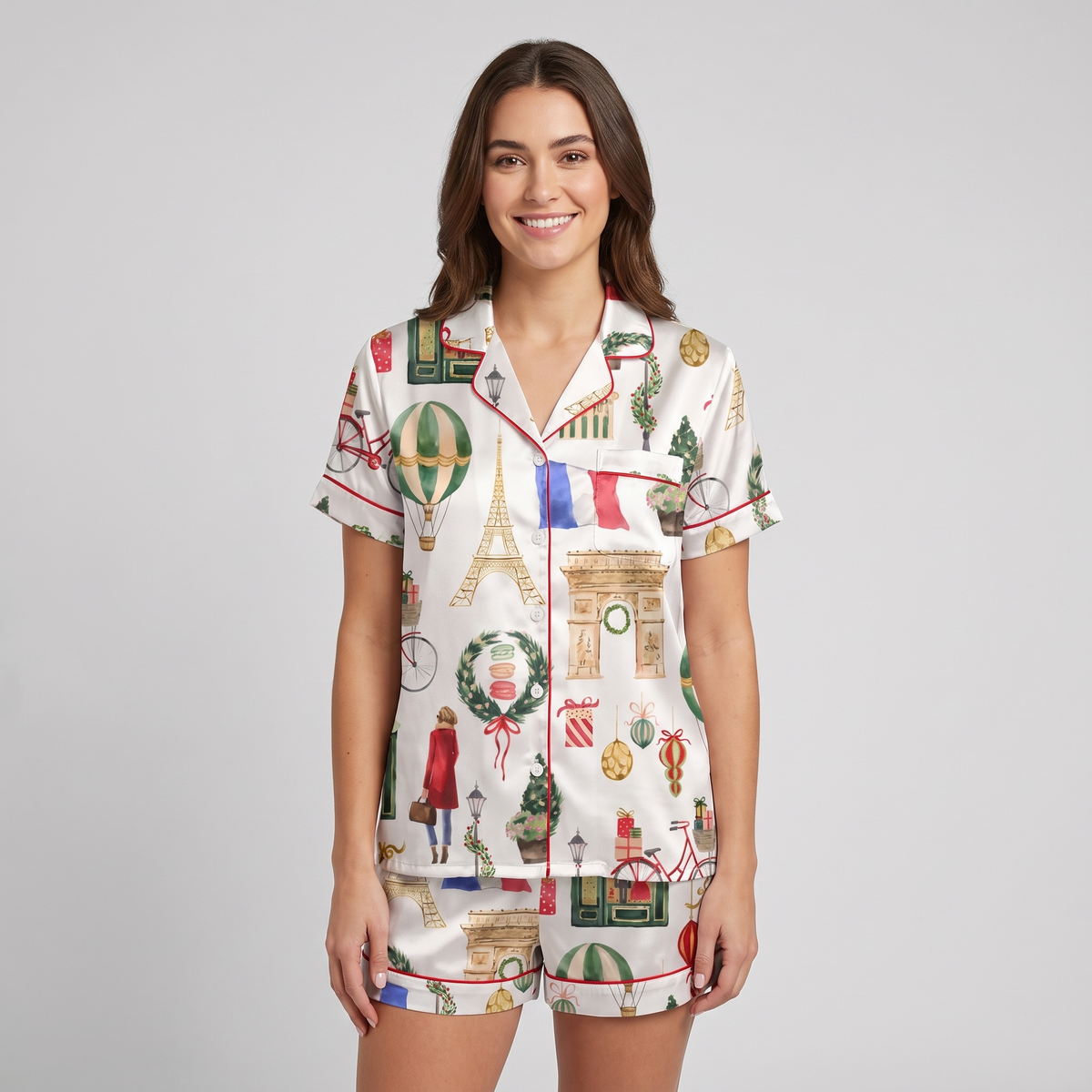 Paris Flags & Landmarks Women's Pajama Set - short sleeve and shorts