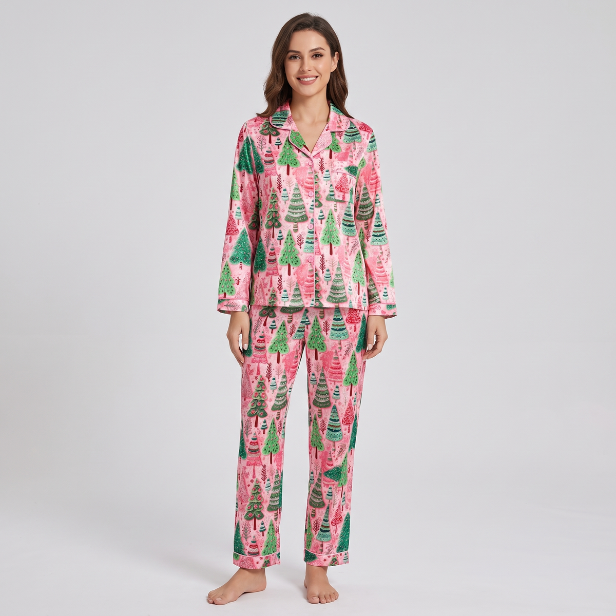 Pink & Green Christmas Forest Women's Pajama Set - long sleeve and pants