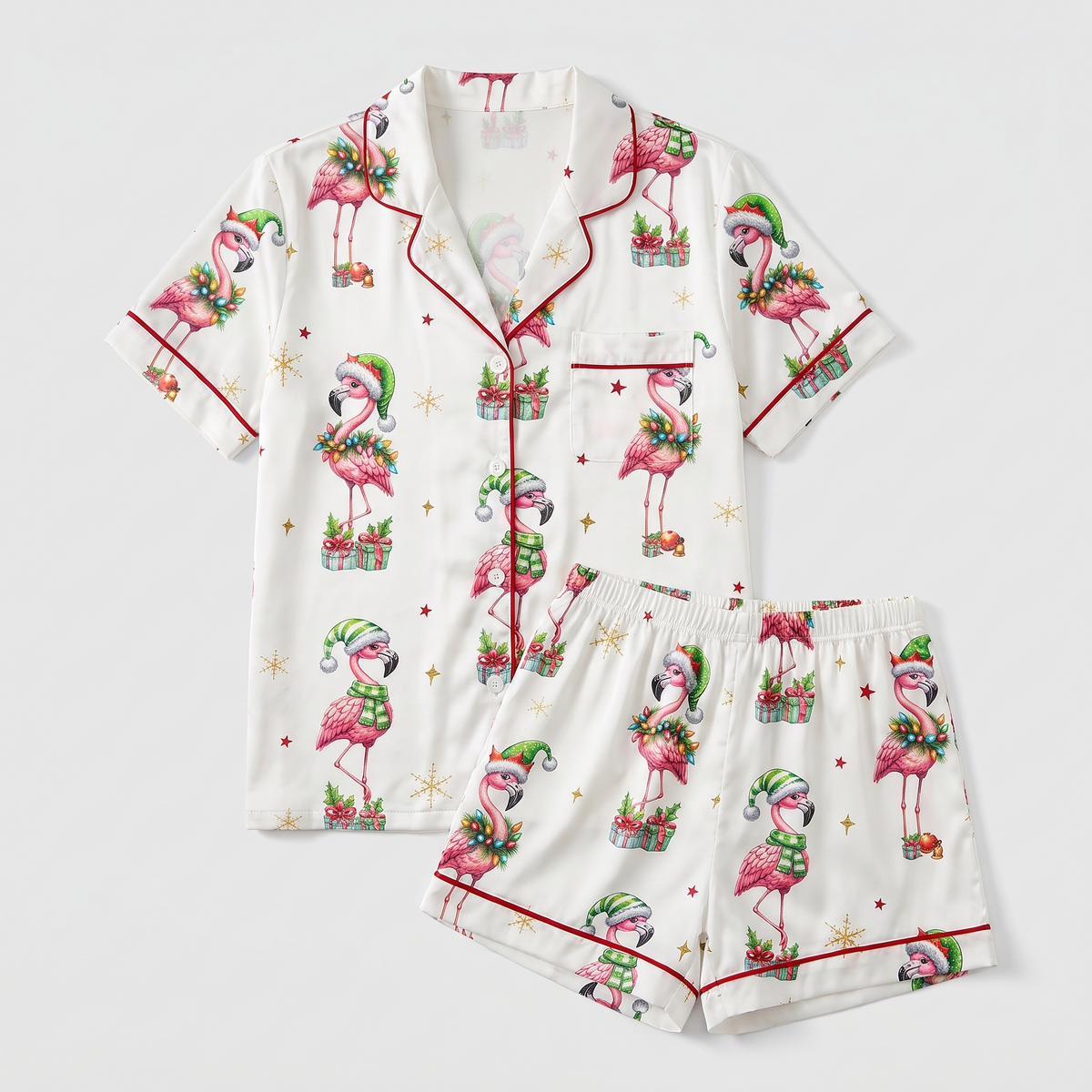 Holly Jolly Flamingos Women's Pajama Set - flat lay