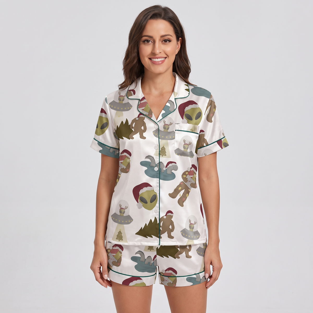 Alien & Bigfoot Christmas Women's Pajama Set - short sleeve and shorts